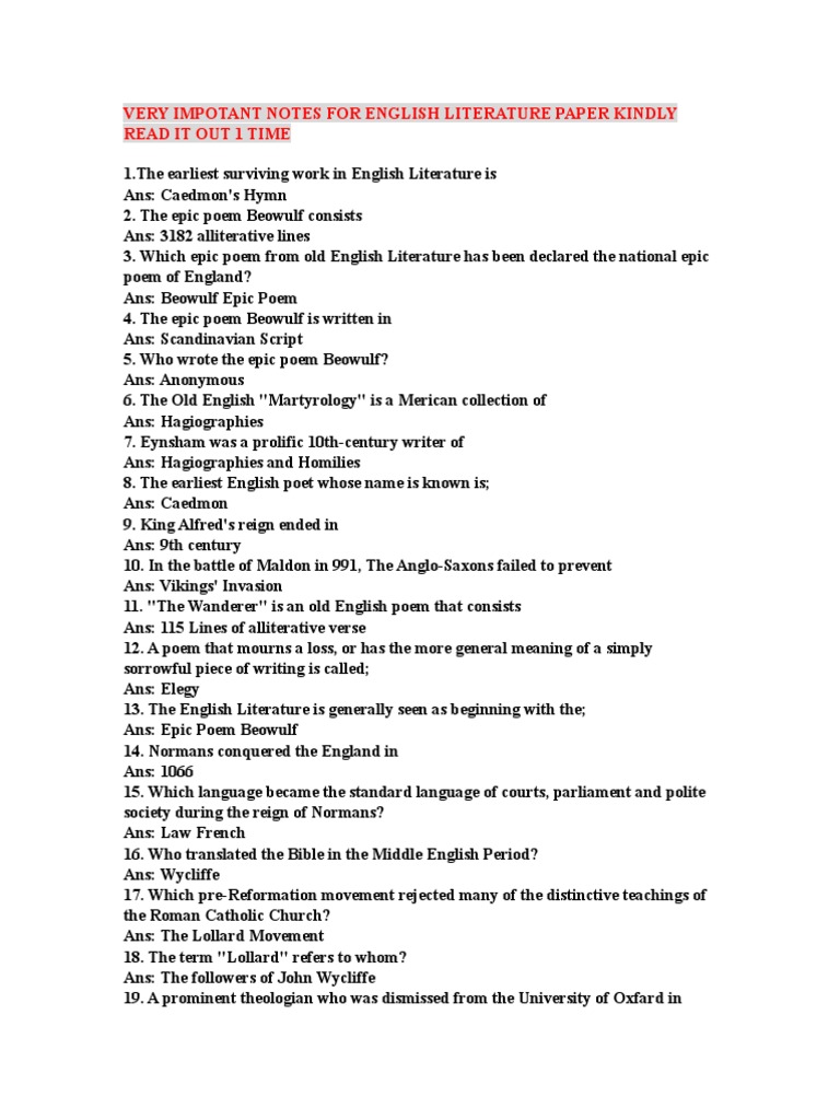 Key Notes on English Literature | PDF | English Literature | Poetry