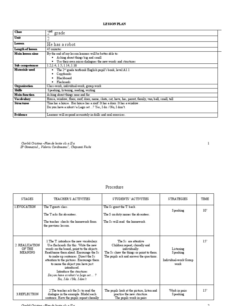 2 Grade 2 He Has A Robot Lesson Plan Class Unit Lesson Length of