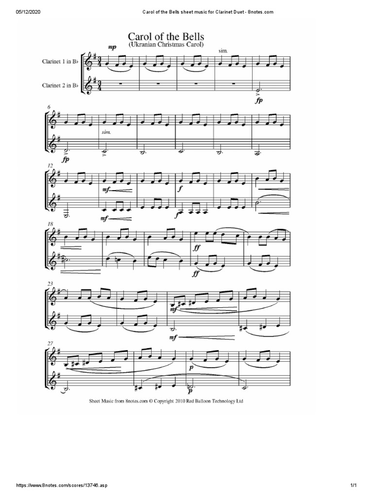 O Holy Night Christmas Carol For Clarinet - Free Sheet Music