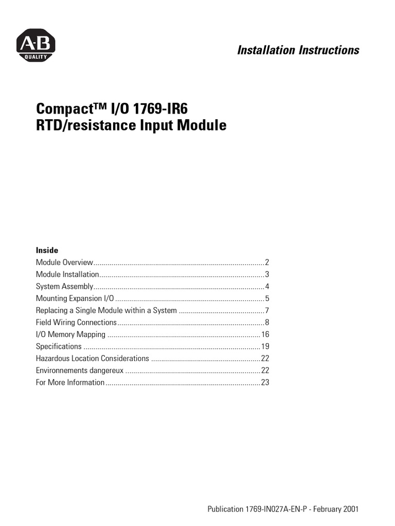 Compact™ I/O 1769-IR6 RTD/resistance Input Module: Installation