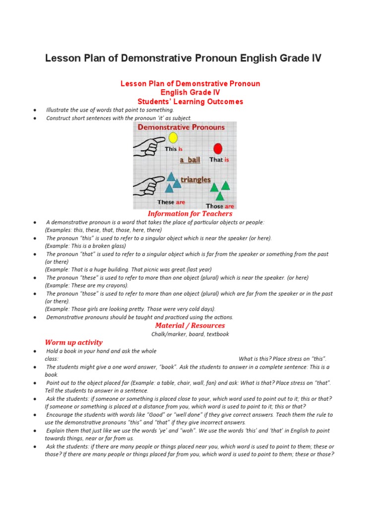Lesson Plan of Demonstrative Pronoun English Grade IV PDF
