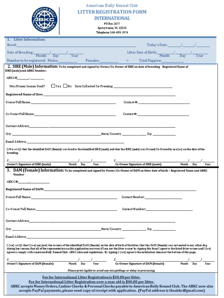 ABKC Litter Registration Form | PDF | Horse Breeding | Domesticated Animals