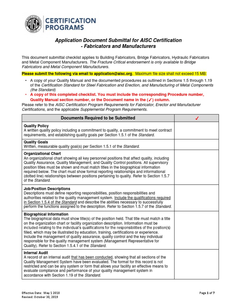 AISC Certification Application Checklist | PDF | Welding | Construction