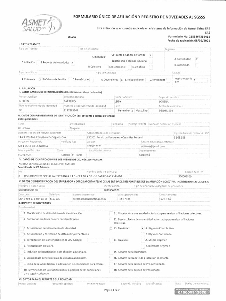 Formulario de Afiliacion Asmet Salud Leidy Lorena Guillen Barreiro | PDF