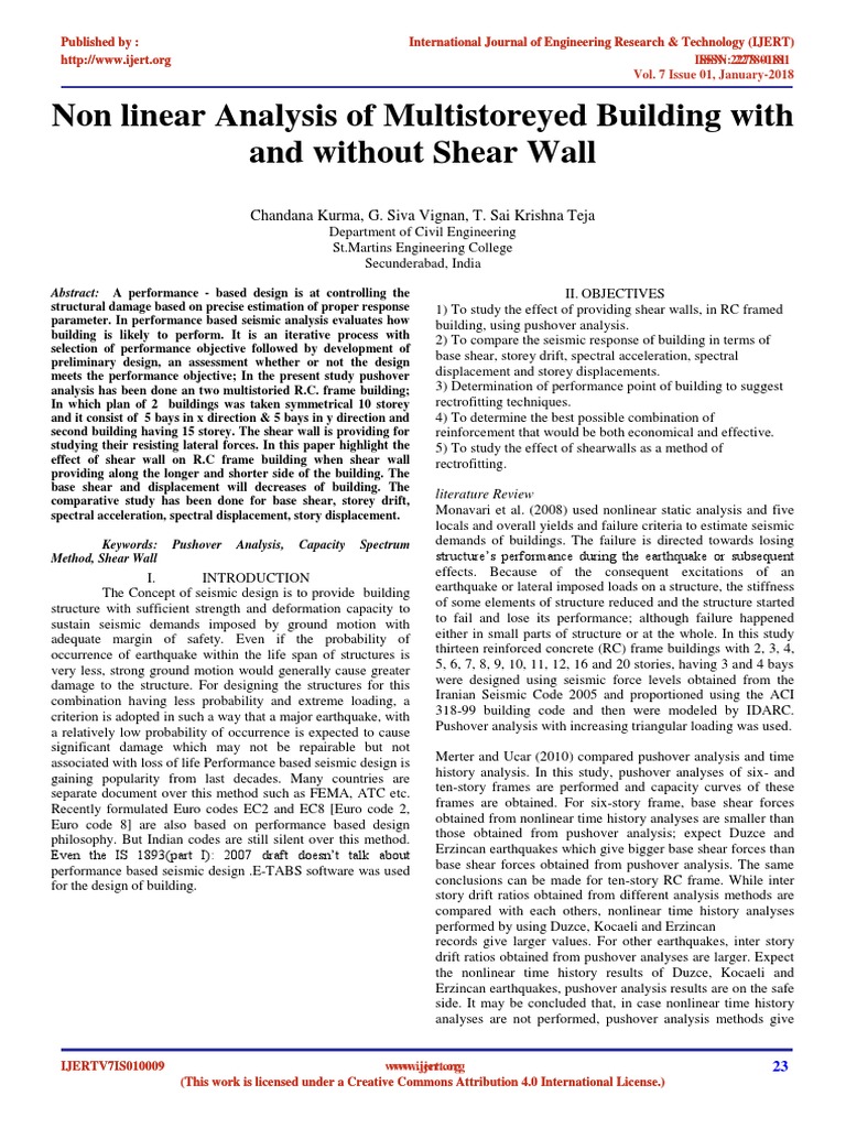 Non Linear Analysis of Multistoreyed Building With and Without Shear ...