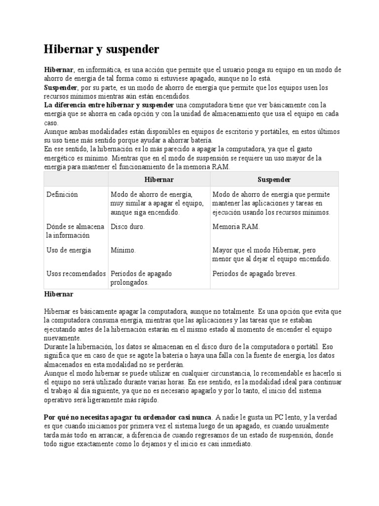 Hibernar vs Suspender: Ahorro Energético | PDF | Almacenamiento de ...
