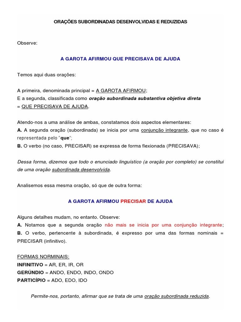 Oração Subordinada: Desenvolvidas e Reduzidas | PDF