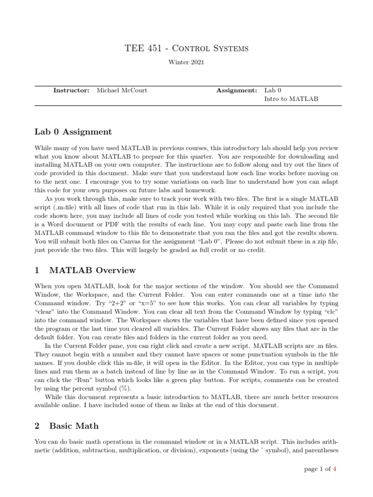 MATLAB Basics for Control Systems Lab | PDF | Control Flow | Matrix ...