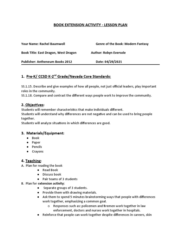 Book Extension Activity - Lesson Plan | PDF | Social Science | Wellness