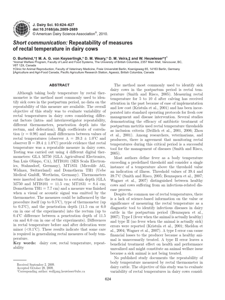 Burfeind Et Al 2010 Short Communication Repeatability of Measures