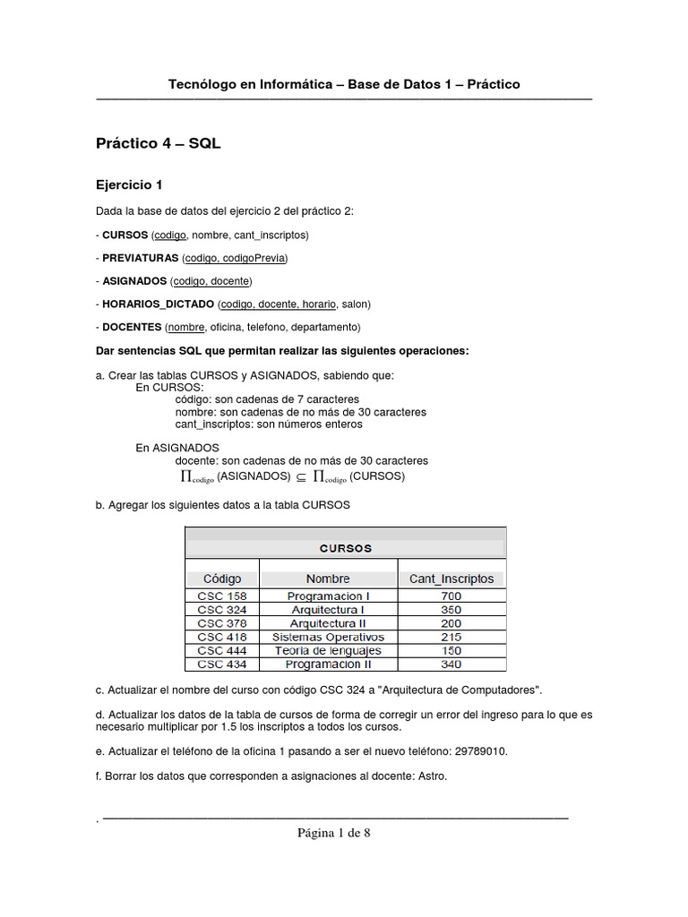Prácticas SQL para Bases de Datos 1 | PDF | SQL | Bases de datos