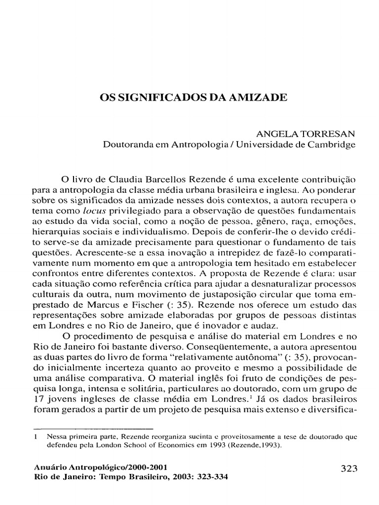 Resenha - Os Significados Da Amizade | PDF | Amizade | Sociologia