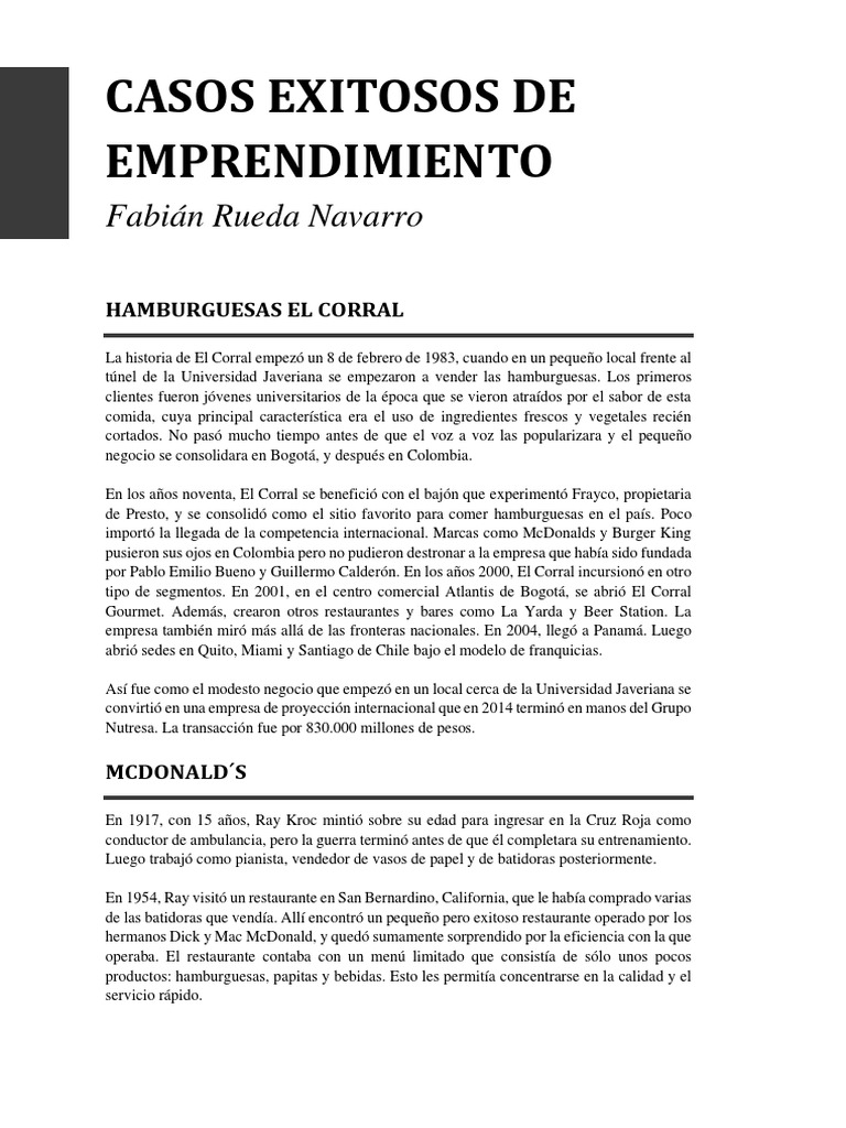 Casos Exitosos De Emprendimiento Pdf Coca Cola Comida Y Bebida