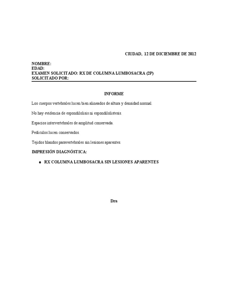 Informe Rayos X Columna Lumbosacra | PDF