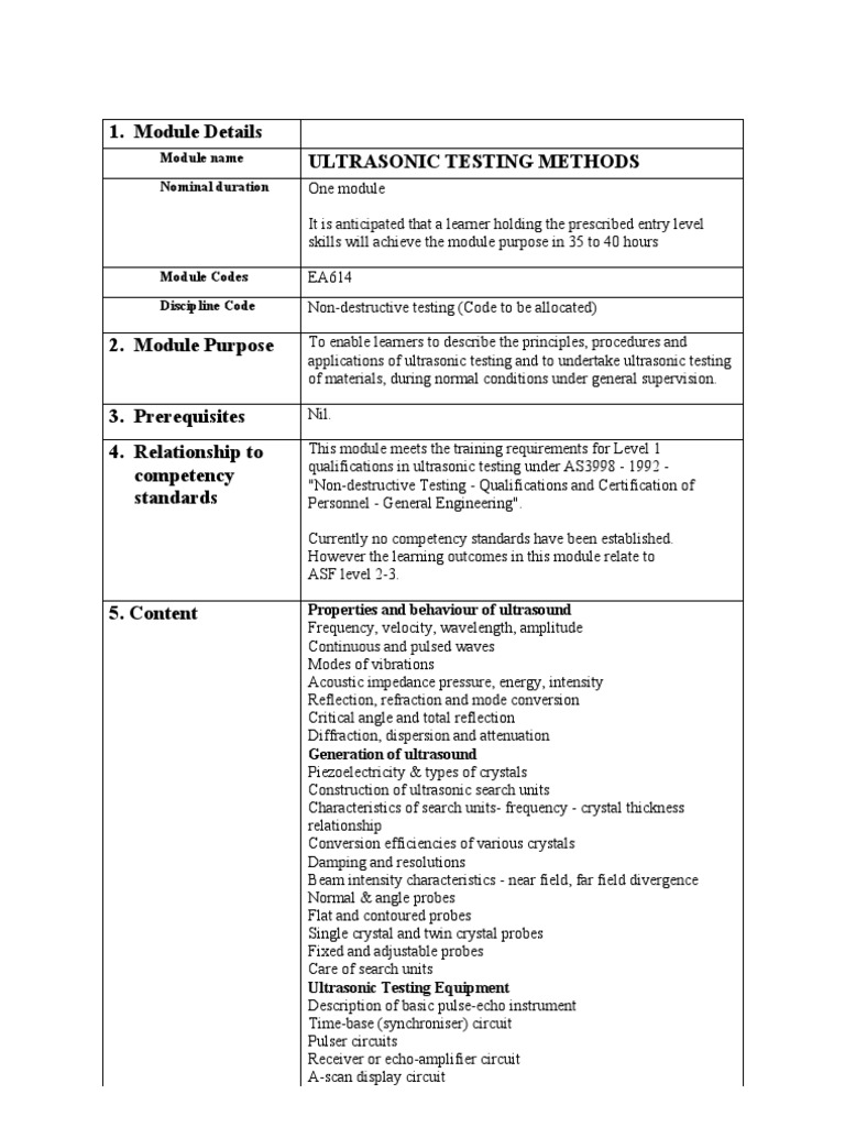 Module Details Ultrasonic Testing Methods: Name Nominal Duration | PDF ...