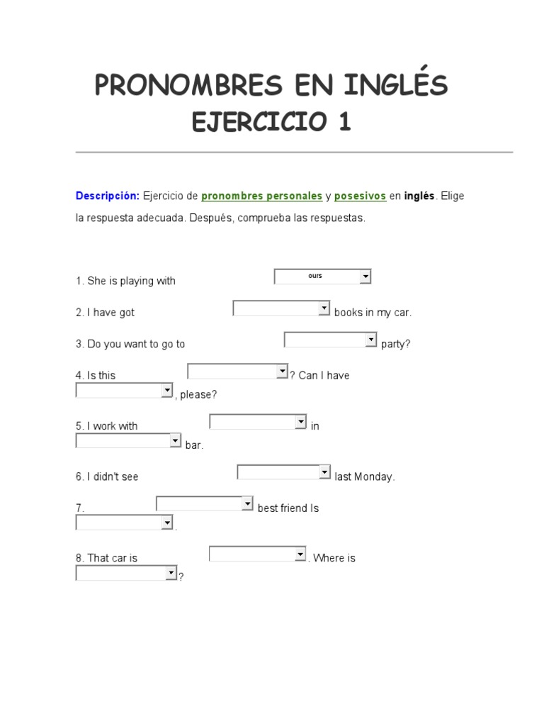 Ejercicios Pronombres Personales En Ingls Con Respuestas Pronombres