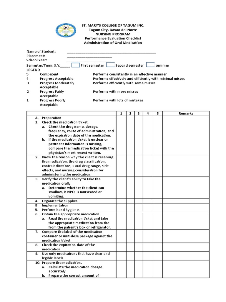 Oral Medication Administration Checklist | PDF | Tablet (Pharmacy ...