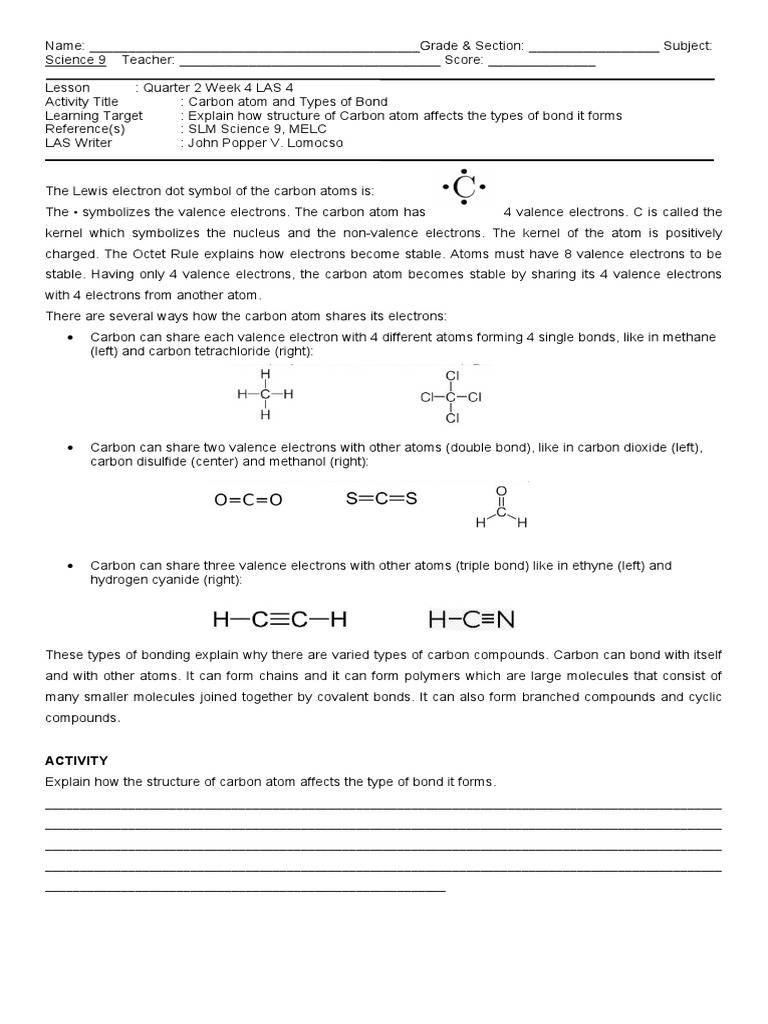 Carbon Atom Structure and Bonding Types | PDF