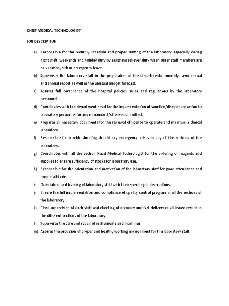 Chief Medical Technologist Duties and Responsibilities PDF