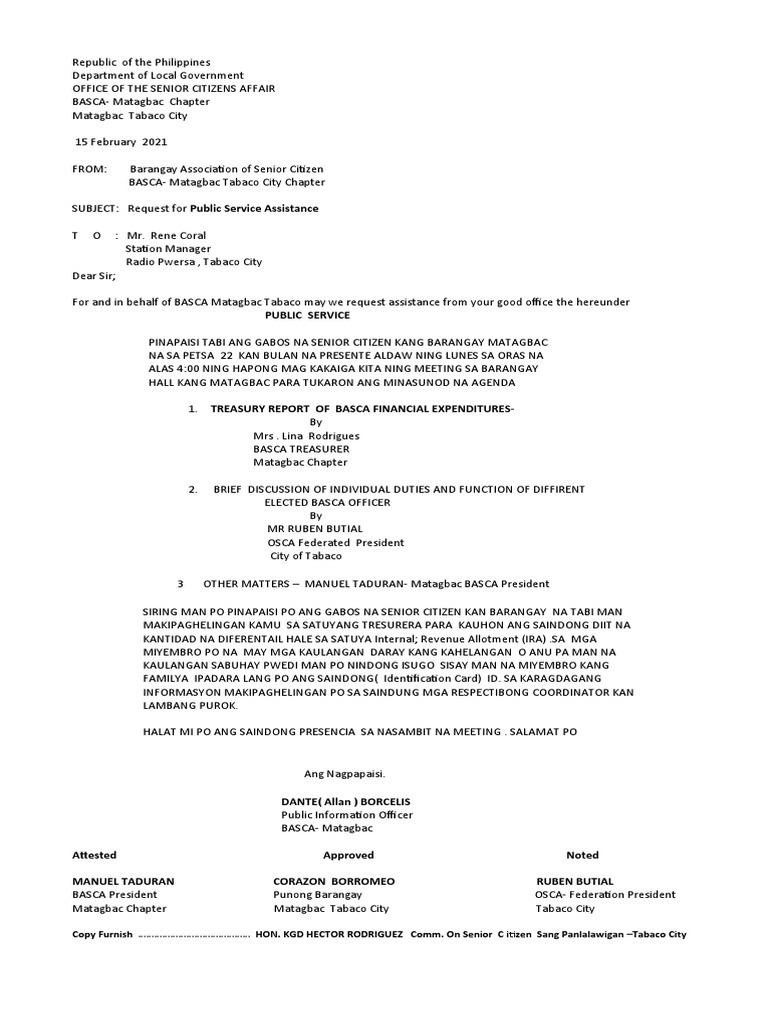 Copy Furnish HON. KGD HECTOR RODRIGUEZ Comm. On Senior C Itizen Sang