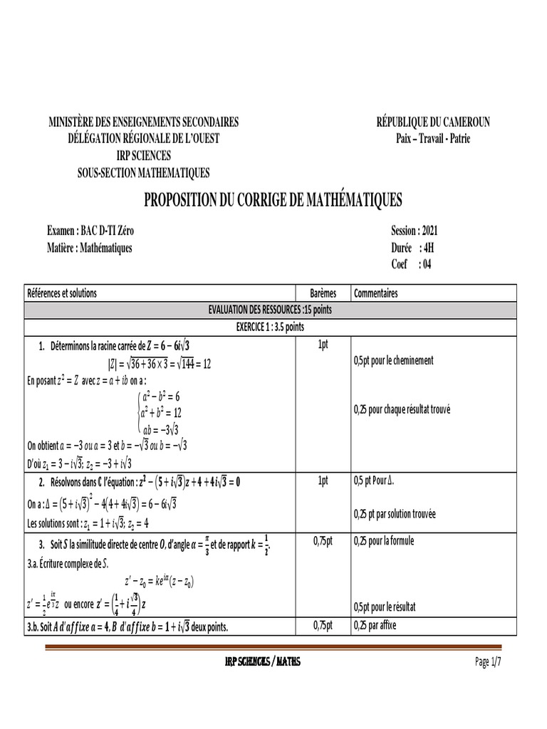 Sujet 0 Maths Bac 2021 Terminale Corrigé Corrige Baccalaureat D Et TI Epreuve Zero 2021 | PDF | Courbe | Objets  mathématiques