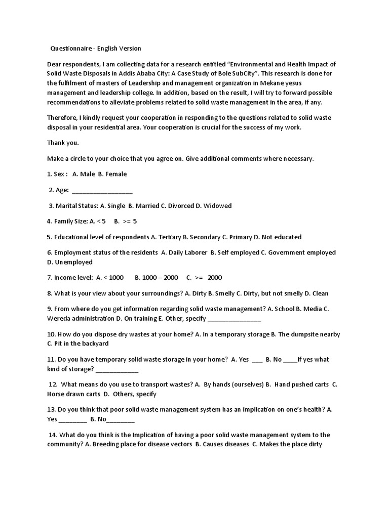 Questionnaire For The Research1 Pdf Municipal Solid Waste