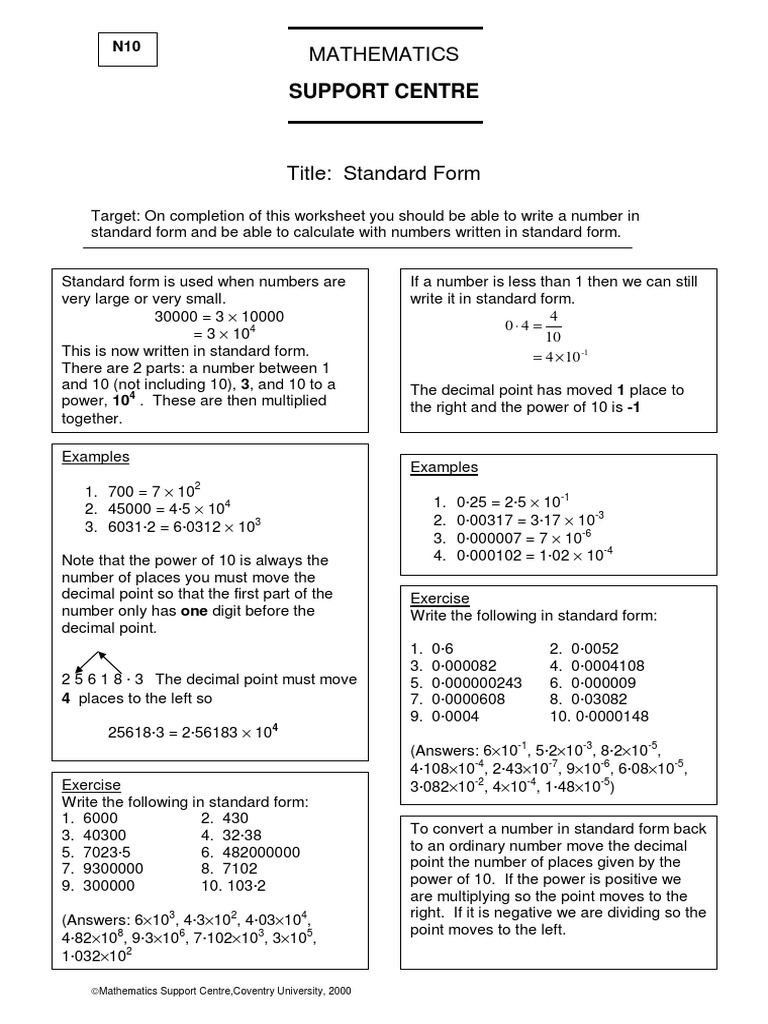 Math Standard Form Notes PDF Numbers Decimal