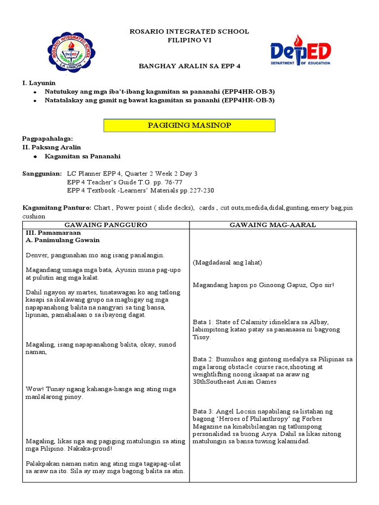 Detailed Lesson Plan EPP 1st Grading | PDF