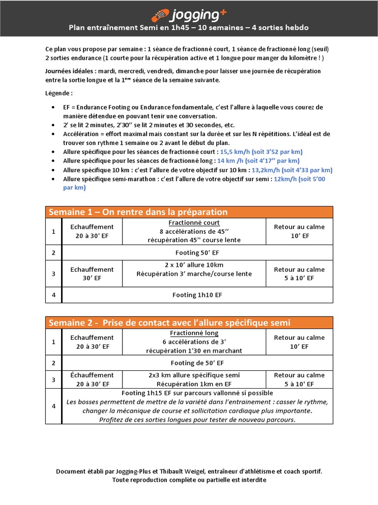 Plan Entraînement Semi marathon 1h45 3 Séances 8 Semaines Plan Entrainement Semi Marathon 1h45 | PDF | Loisir | Exercice physique