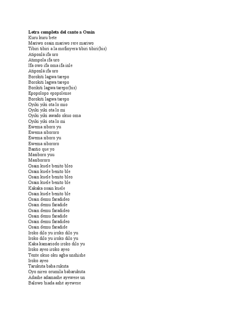 Letra Completa Del Canto A Osaín | PDF