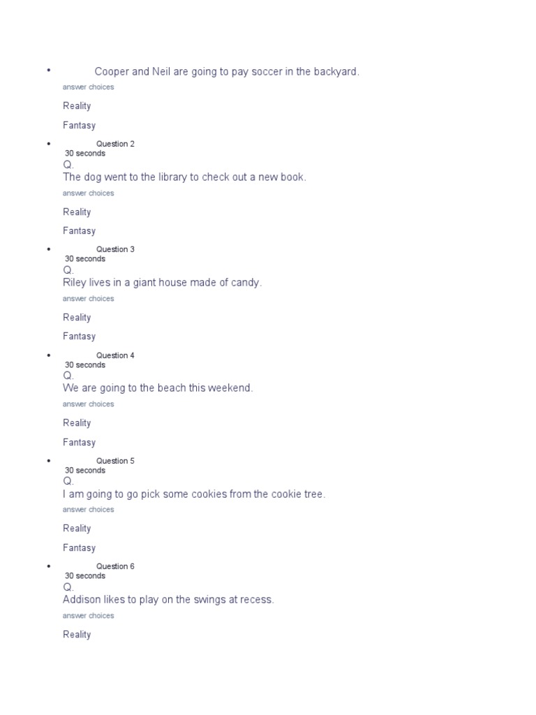 Reality vs. Fantasy Quiz | PDF