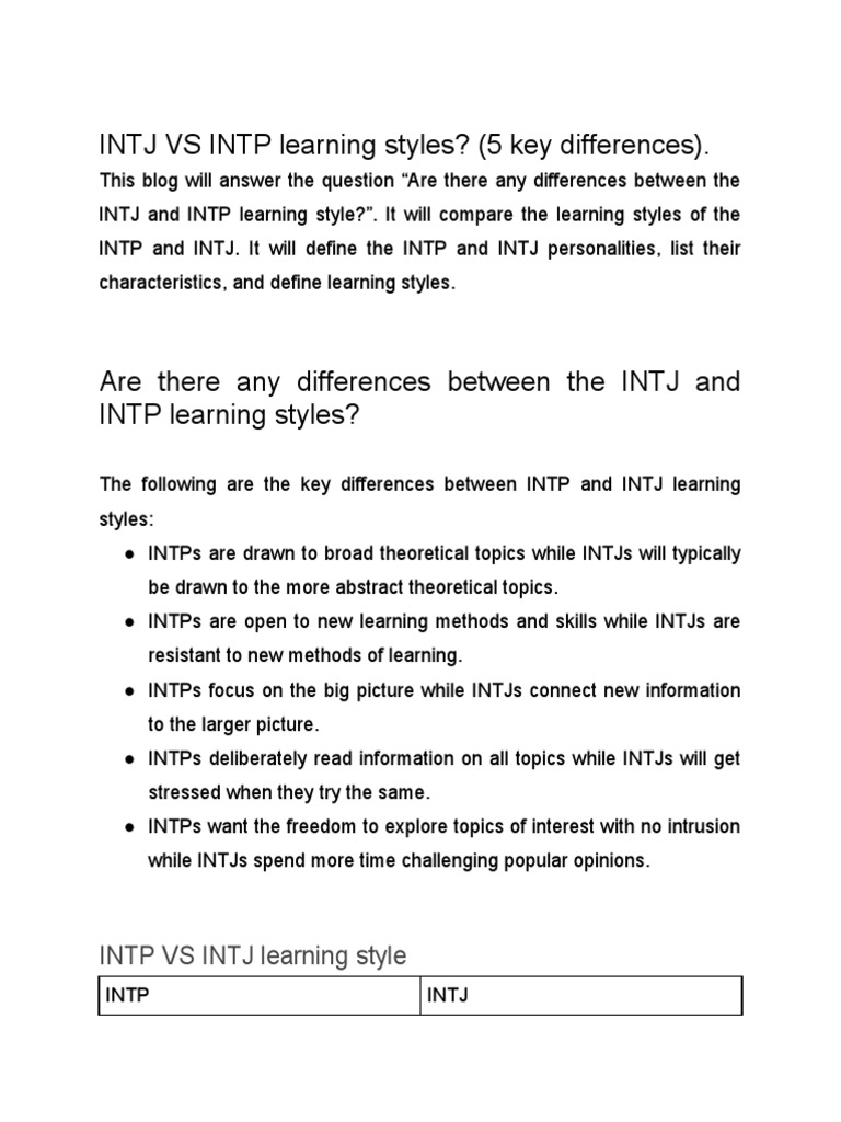 INTJ vs INTP Learning Styles Explained | PDF | Personality Type | Learning