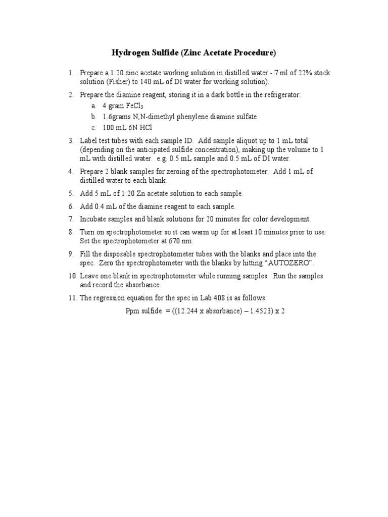 Zinc Acetate Hydrogen Sulfide Procedure PDF
