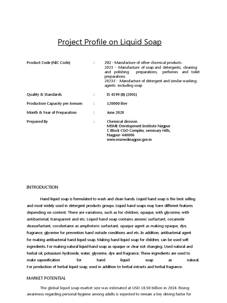 Liquid Soap Manufacturing Project Profile | PDF | Business | Chemicals