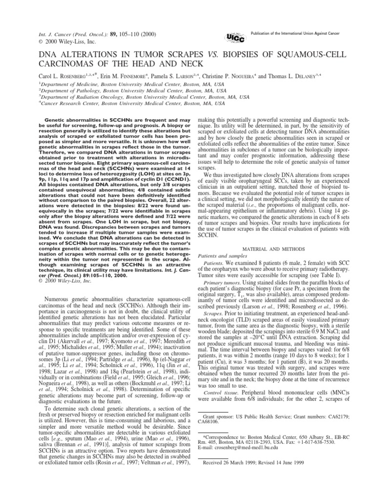 Dna Alterations in Tumor Scrapes vs. Biopsies of SquamousCell