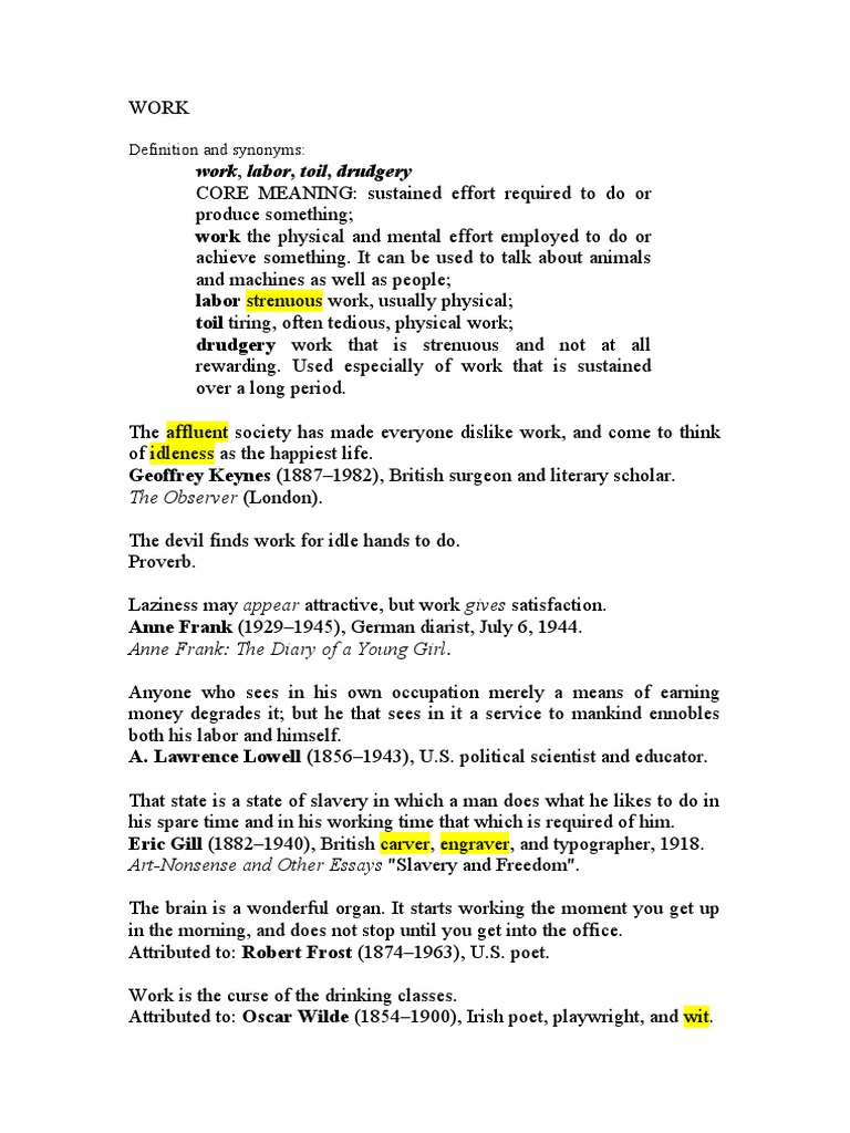 Work, Labor, Toil, Drudgery Definition and Synonyms PDF Labour Science