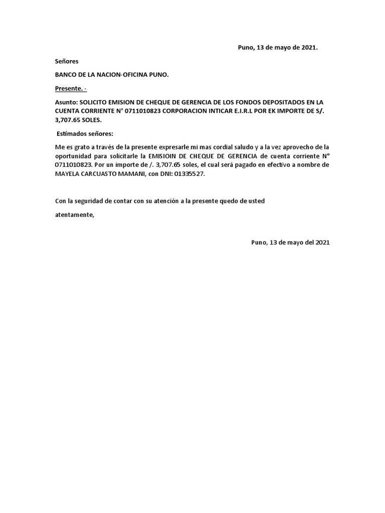 Solicitud de Cheque de Gerencia BCP | PDF