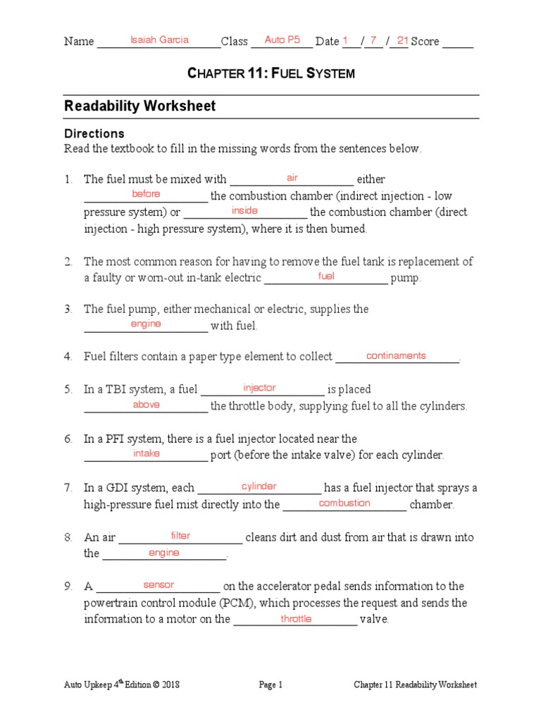 C 11 F S Readability Worksheet Directions PDF Throttle Fuel