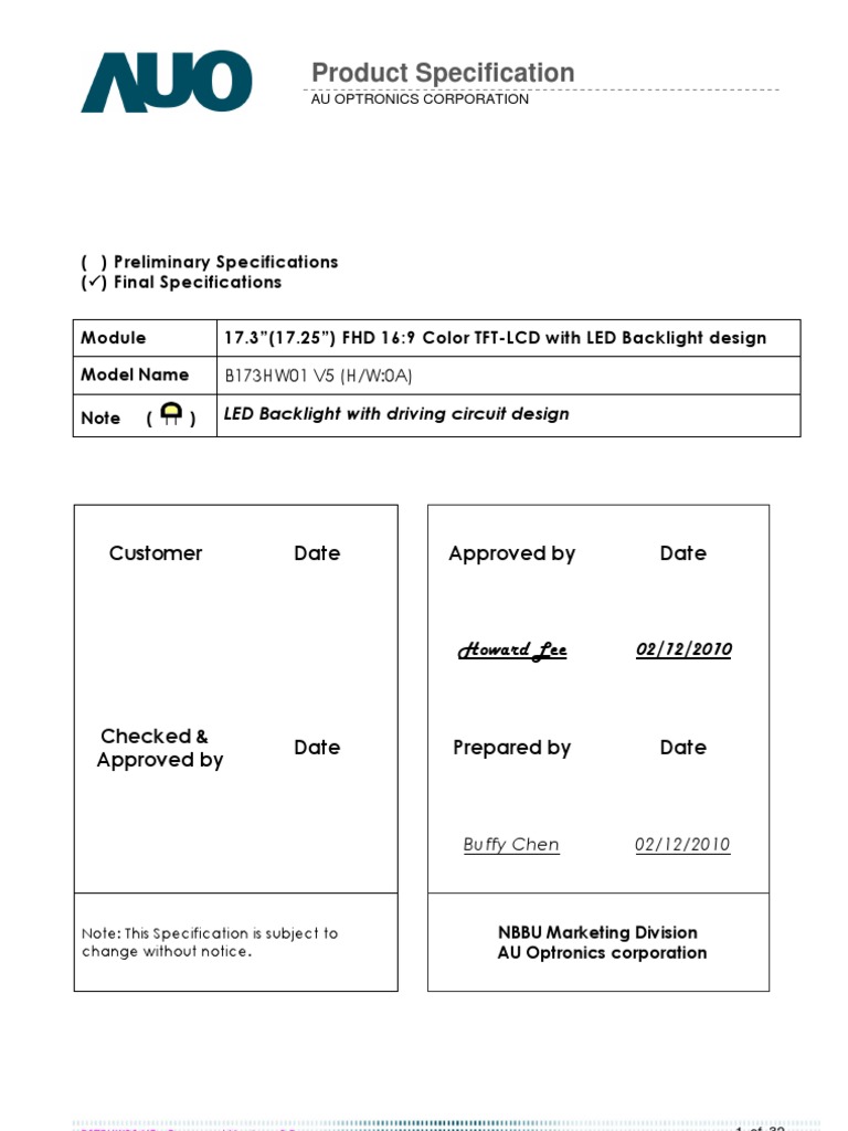 B173HW01 V5 Final Functional Spec HW-0A | PDF | Thin Film Transistor ...