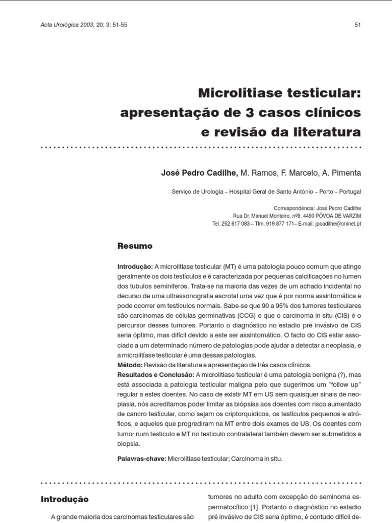 Microlitíase Testicular: Três Casos Clínicos | PDF | Câncer | Testículo
