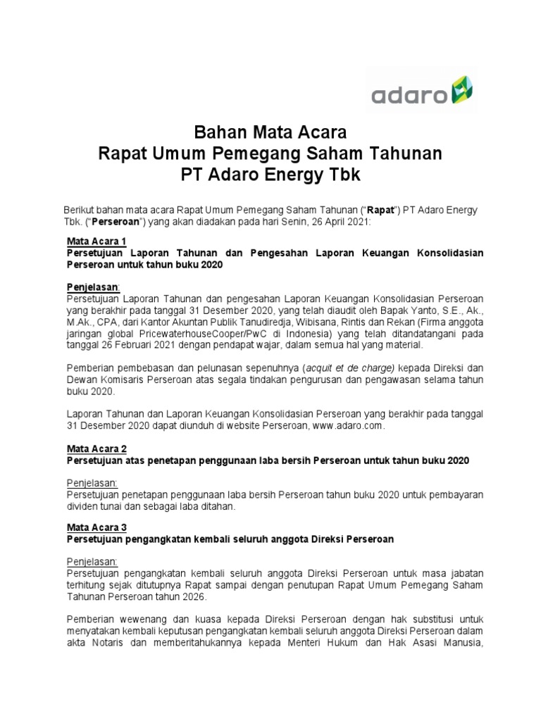 RUPS Tahunan PT Adaro Energy Tbk 2021 | PDF | Bisnis | Teknologi & Rekayasa