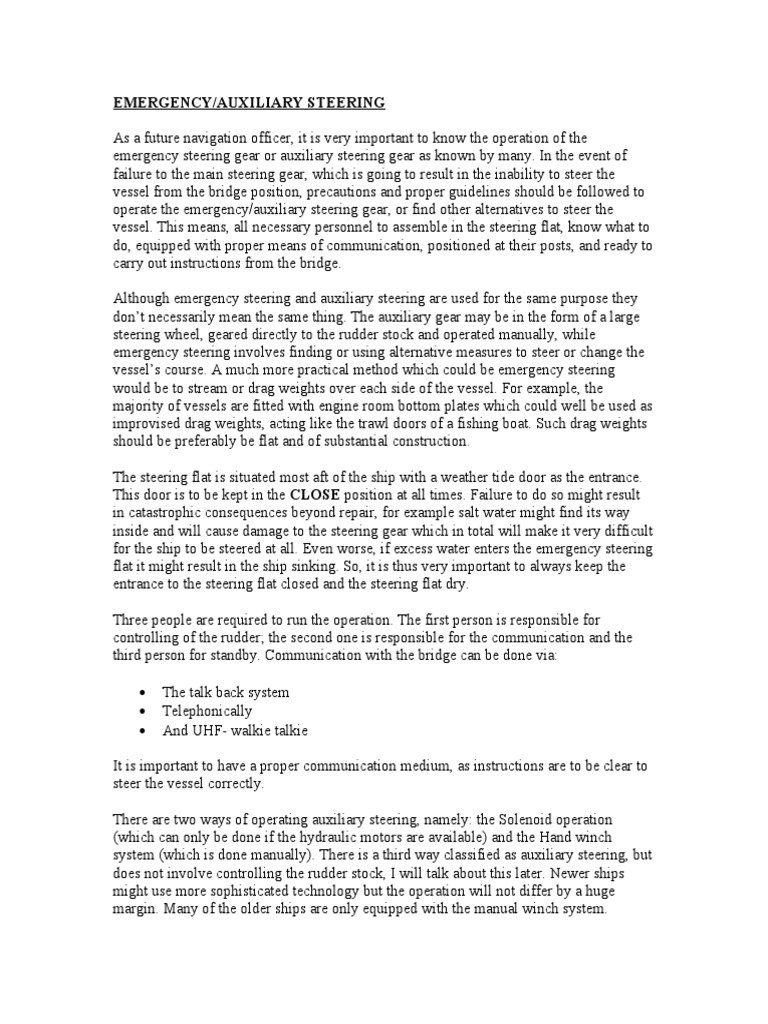 Proper Operation and Maintenance of Emergency Steering Systems is