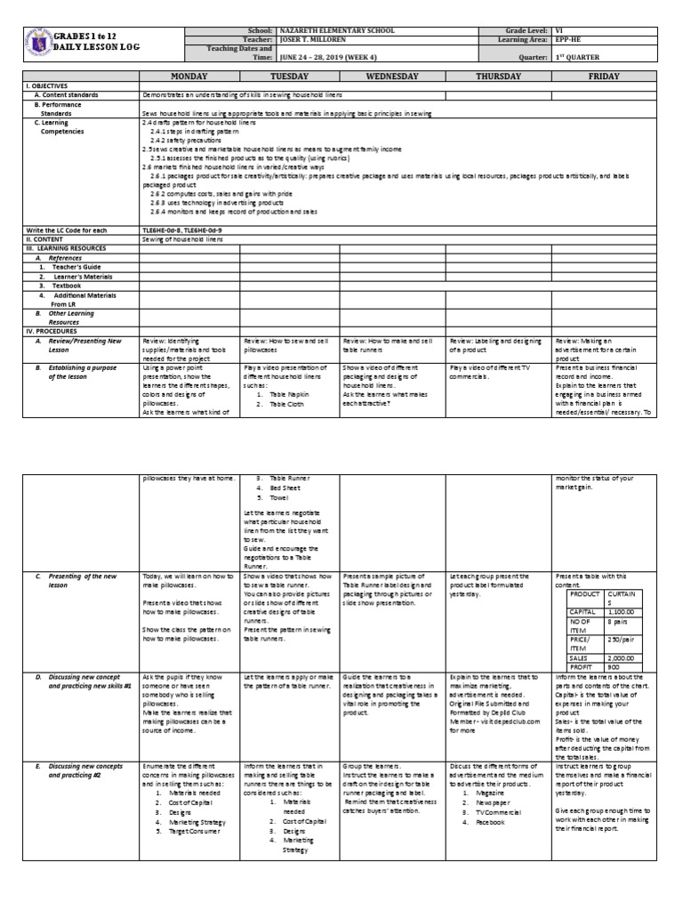 NAZARETH ELEMENTARY SCHOOL Daily Lesson Log Teaches Sewing Household