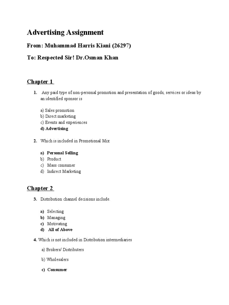Advertising Assignment PAPER Mcqs | PDF | Business | Finance & Money ...