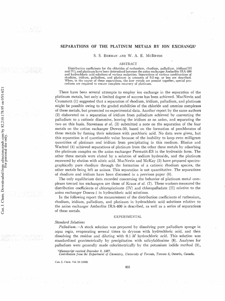 Ion Exchange Separations of Platinum Metals | PDF | Platinum | Palladium
