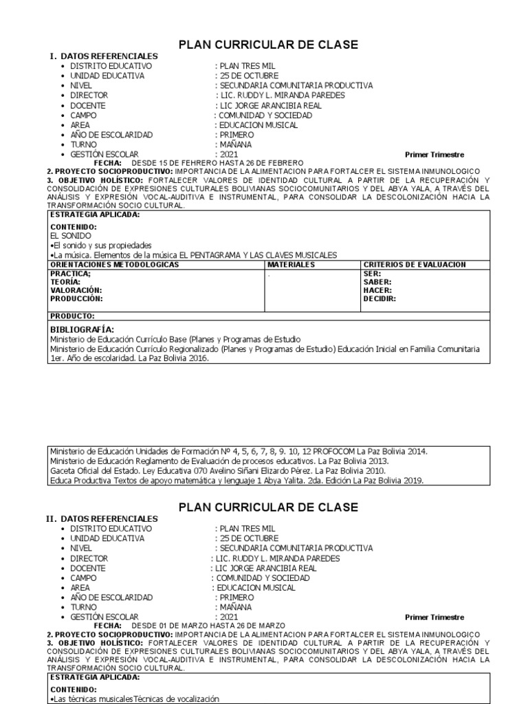 Educación Musical en Secundaria 2021 | PDF | Bolivia | Plan de estudios