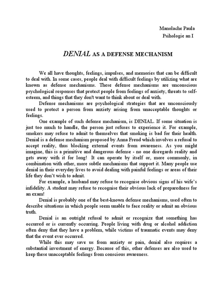 Denial Defense Mechanism PDF Psychiatry Related Fields Human Nature