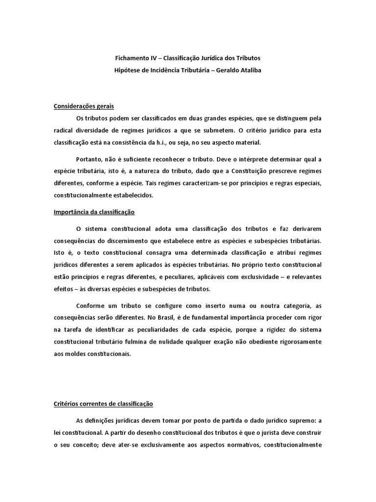 Fichamento IV Hipótese de Incidência Tributária Geraldo Ataliba PDF Constituição Espécies