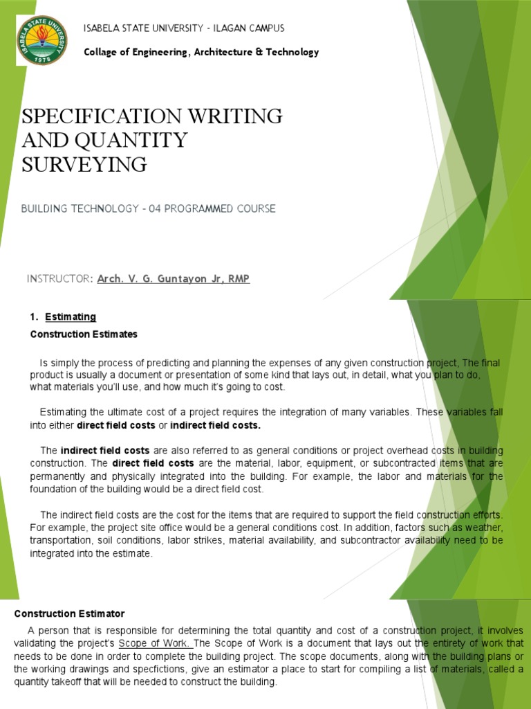 Specification Writing and Quantity Surveying: Collage of Engineering