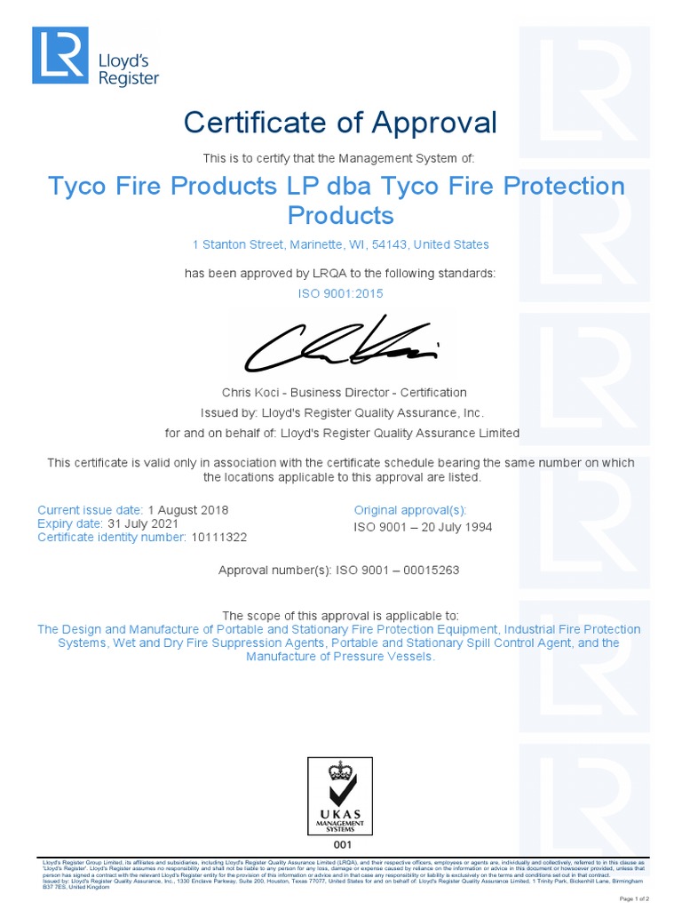 Tyco Fire Products ISO 9001 Certification | PDF | Iso 9000 | Common Law